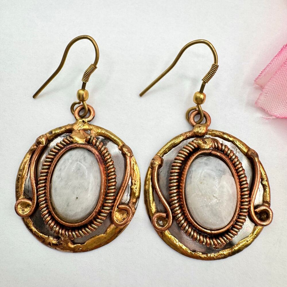 Artisan Mixed Metal Moonstone Earrings Brutalist Medieval Style Goblincore